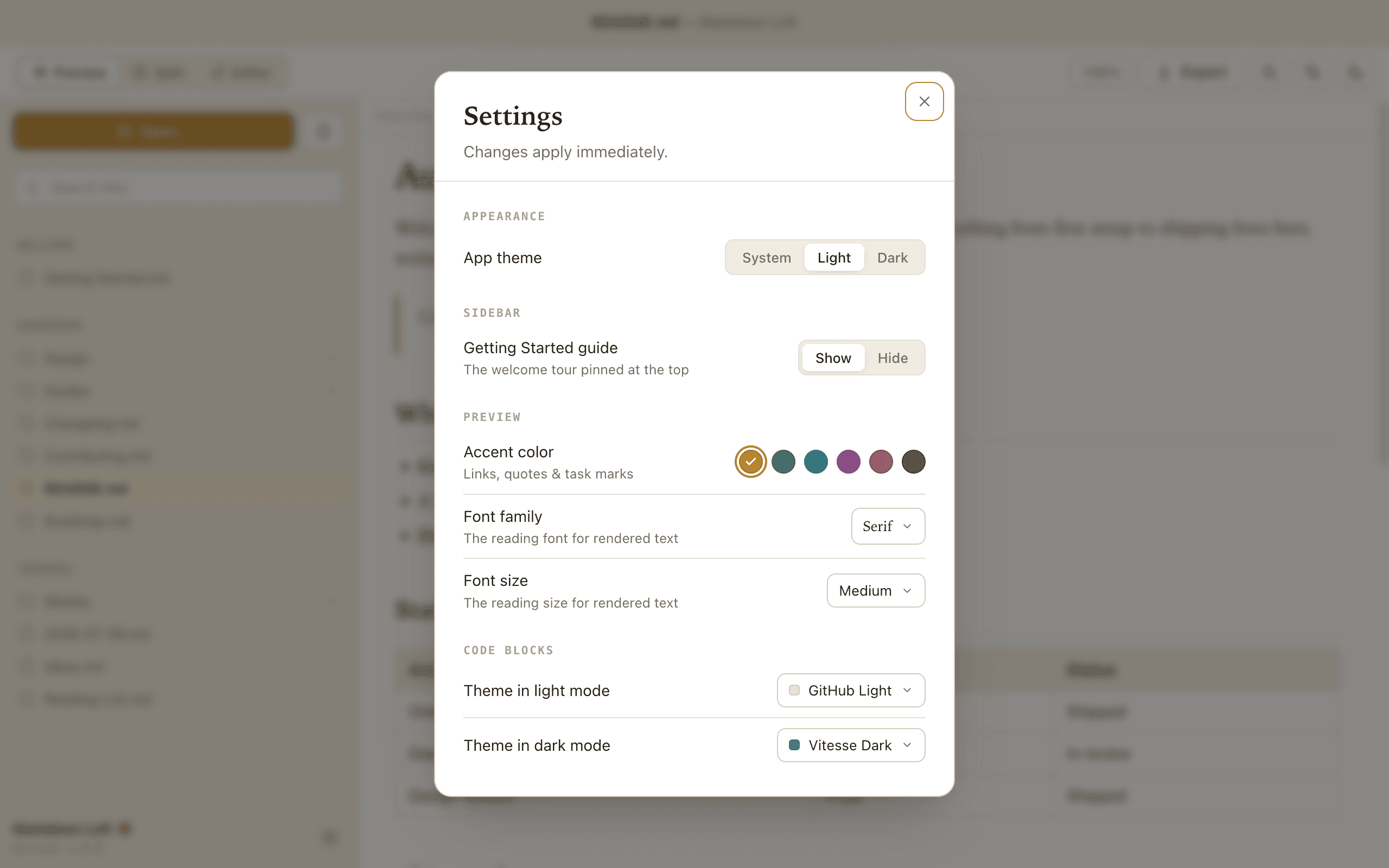 Settings for reading font, text size, accent color, and appearance