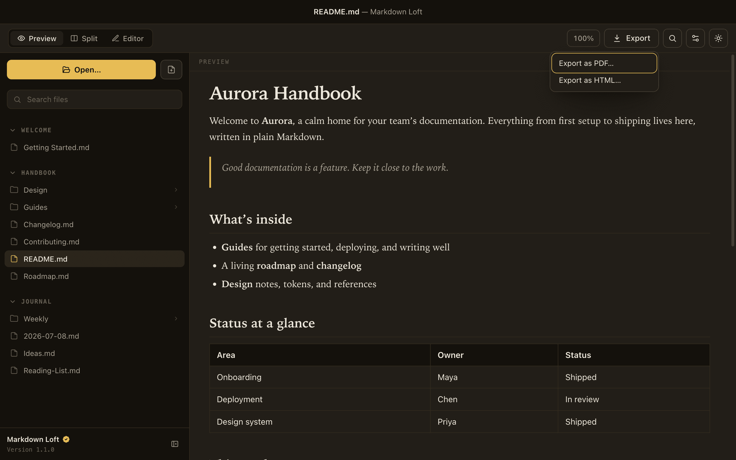 Exporting a document to PDF and HTML, styled to match the preview